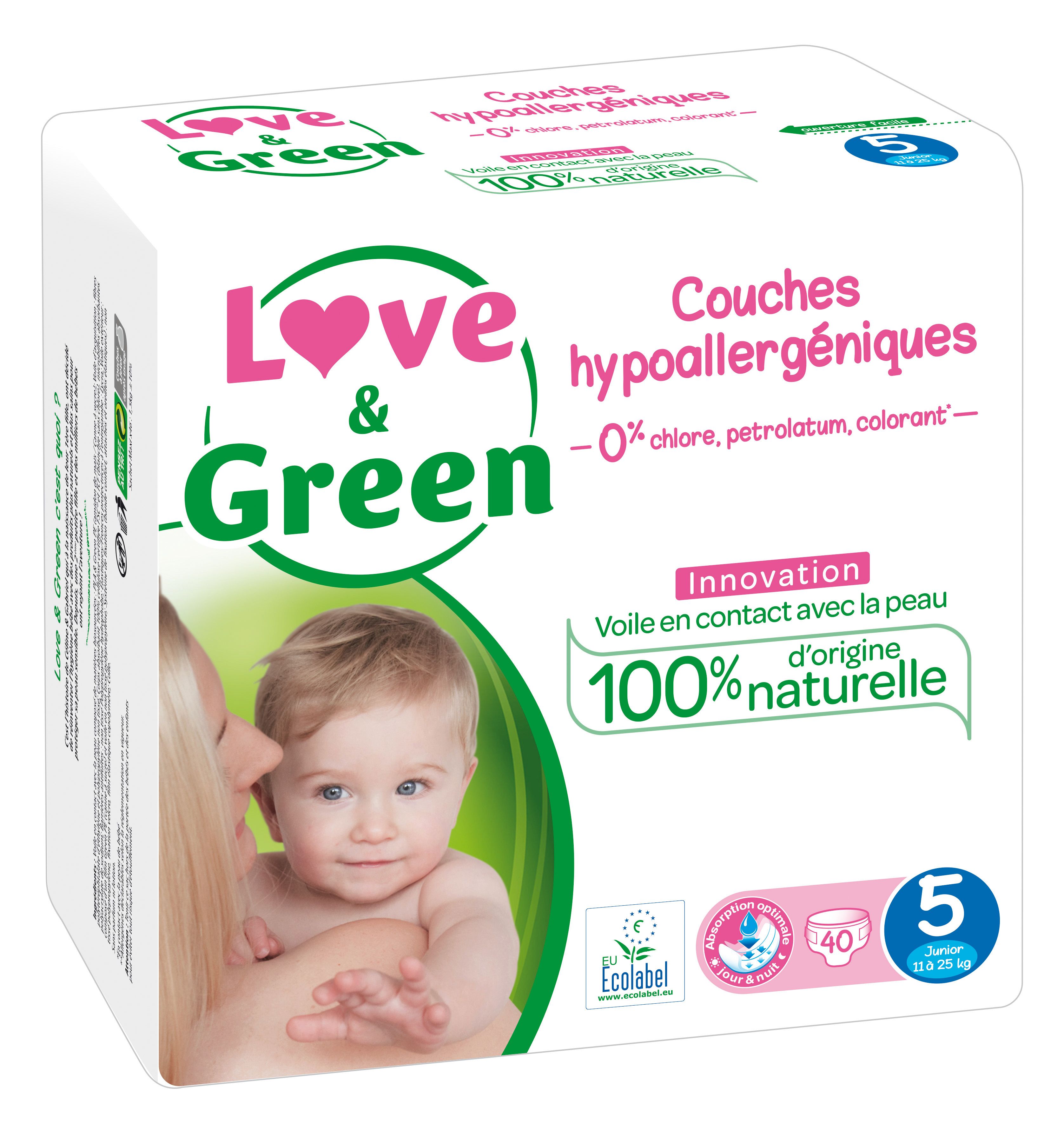 Pannolino ecologico Love&Green junior taglia 5 11/25 kg senza plastica,  100% di origine naturale, senza cloro, ecolabel materiali biodegradabili